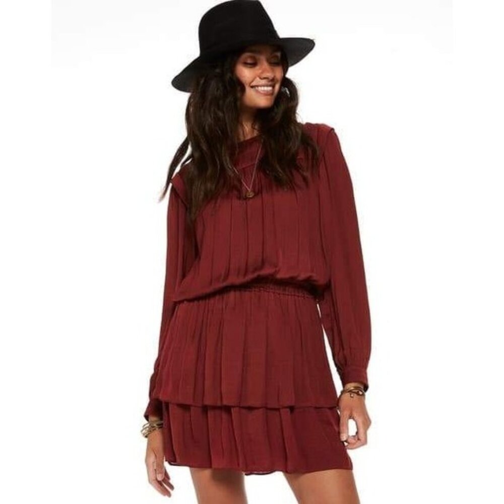 Scotch & Soda Burgundy Tiered Long Sleeve Smocked‎ Waist Mini Dress Large